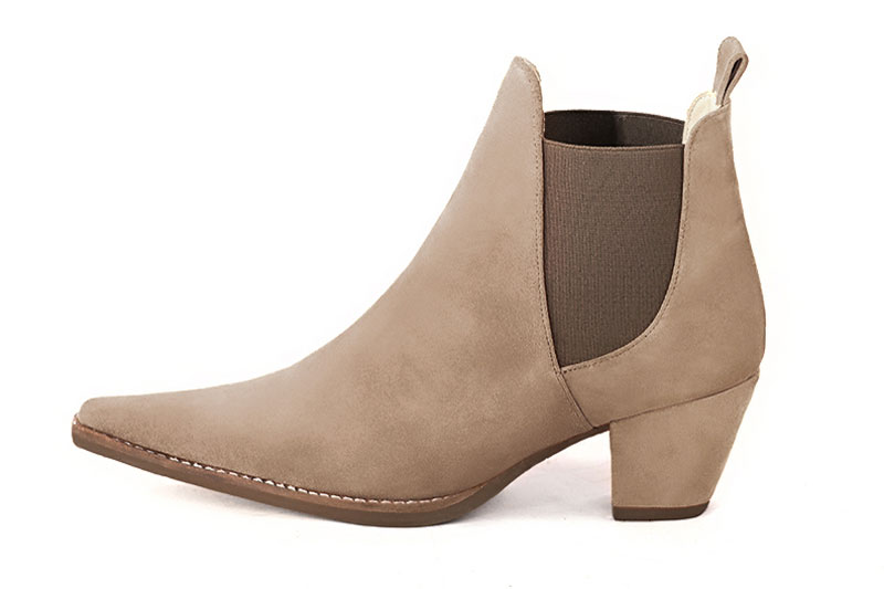 Tan beige and taupe brown women's ankle boots, with elastics. Pointed toe. Medium cone heels. Profile view - Florence KOOIJMAN